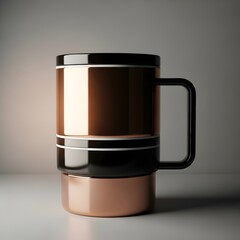 Shiny copper mug with handle on reflective surface