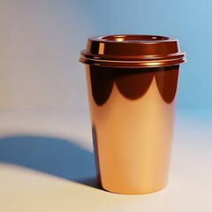 Brown disposable coffee cup with lid on white surface