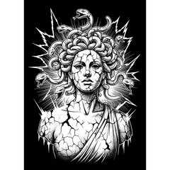 Medusa Gorgon Greek Mythology Statue Cracked Stone Serpent Hair.