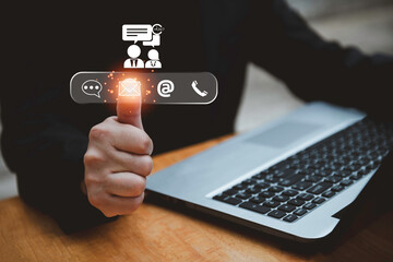 Businessman using Smart Phone with the email, call phone, address, Chat message icons.Customer support hotline Contact us people connection.