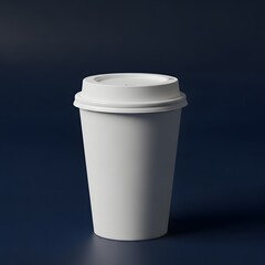 A white disposable coffee cup with a lid on a dark background