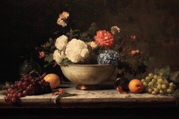 Still life painting with flowers and fruit on a table © Raysdio Risman