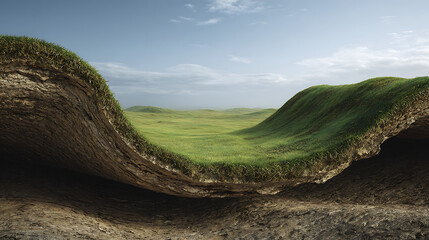 A dramatic panoramic landscape showcasing the stark contrast between lush green fields and rugged, cracked earth, highlighting the raw beauty and diversity of nature's terrain