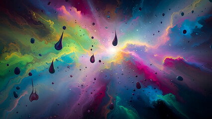 Abstract cosmic nebula with vibrant colors and floating droplets, representing creativity and the vastness of space