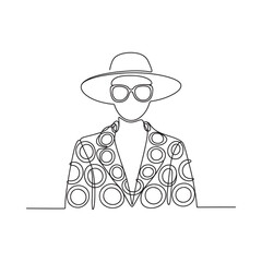 Elegant woman with hat and sunglasses in a continuous line drawing style