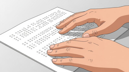 Close up of hands reading braille book with fingers tracing raised dots on white page