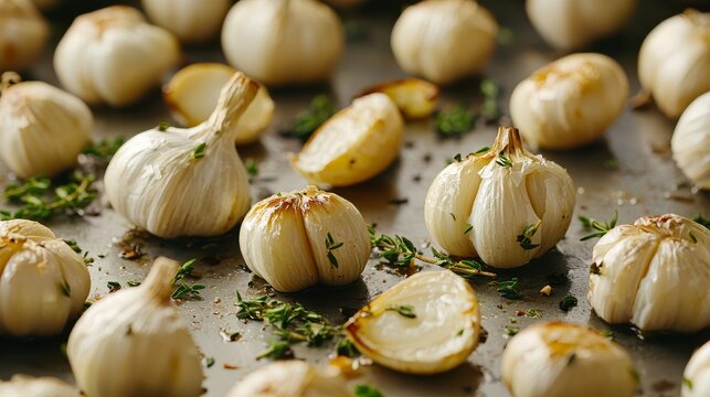 garlic antioxidant taste concept. Roasted garlic bulbs and lemon slices arranged on a baking tray, garnished with herbs, showcasing a flavorful cooking concept.