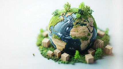 Sustainable globe with green growth and wooden blocks around