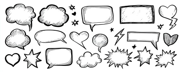 Sketched comic speech bubbles, stars, lightning bolts and hearts on white