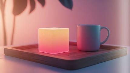 Cozy morning setup with glowing block and coffee mug on wooden tray