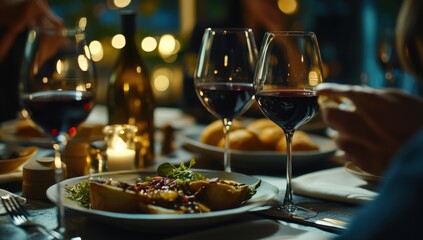 Obraz premium Dining table with delicious dishes and wine glasses, people enjoying their meal at the restaurant, close-up of food on plates. High-resolution photography