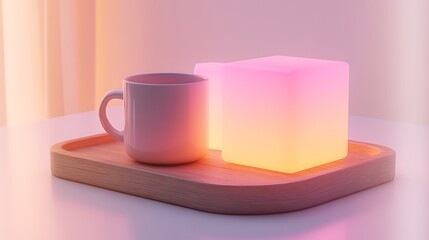 Cozy morning setup with glowing cubes and coffee mug on wooden tray