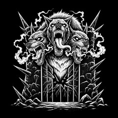 Three headed hellhound guarding a dark gate.