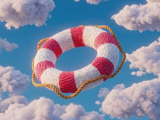 Striped life preserver floating amidst fluffy white clouds in a blue sky