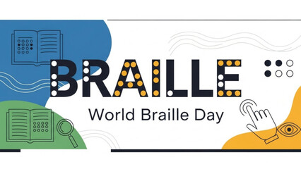 World braille day awareness graphic with braille text and illustrations of books, magnifying glass, and eye with hand