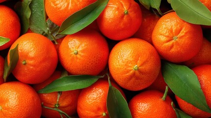 A vibrant collection of fresh oranges adorned with lush green leaves. This visually appealing assortment captures the essence of citrus fruit, ideal for food-related concepts and healthy lifestyle the