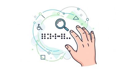 Hand interacting with accessibility symbols and braille text on a digital interface with magnifying glass