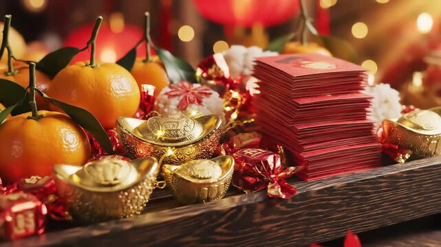 A festive assortment featuring ripe oranges with leaves, gleaming gold ingots, stacked red envelopes, and wrapped candies, all arranged on a dark wooden surface, evoking prosperity and celebration.