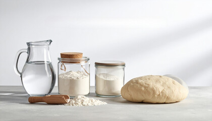 Simple real bread ingredients with flour water yeast and dough