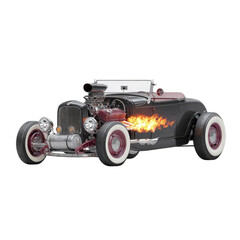 Vintage hot rod car with flames and exposed engine on a black background