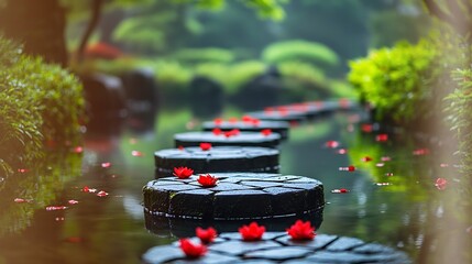 Serene garden pathway with stepping stones and red flowers