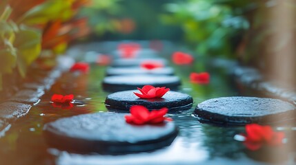 Serene garden pathway with red lotus flowers on black stones