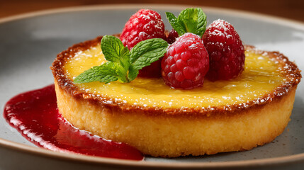 Elegant French Lemon Tart with Raspberries and Mint