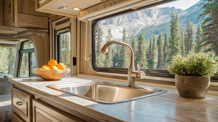 Modern RV Kitchen Sink with Fruit Bowl and Scenic Nature View