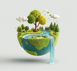 Floating stylized earth globe with greenery, trees, river, and waterfall