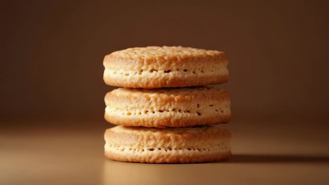 Three stacked round biscuits on brown background, close-up shot.