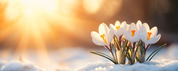White Crocus Flowers Emerging from Snow in Sunrise