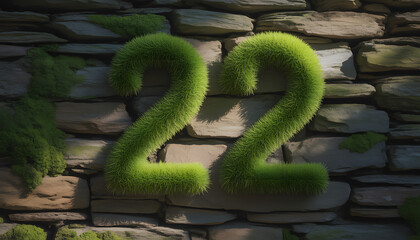 Number 22 Covered in Lush Green Grass and Moss Against a Textured Stone Wall Background