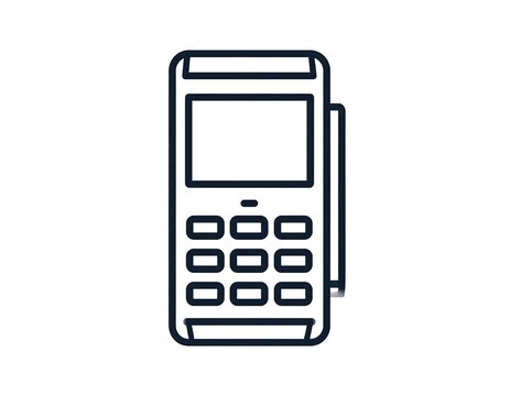 A linear icon depicts a portable payment device, featuring a rectangular screen and numeric keypad. A side slot implies card functionality