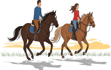 Couple horse riding together outdoors, man and woman on horseback in countryside field, equestrian sport, leisure activity, rural lifestyle, adventure