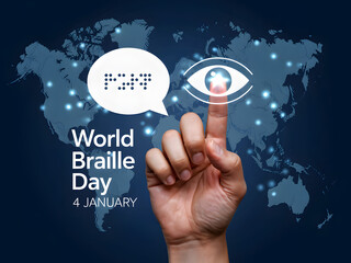 World Braille Day Poster with Hand and Eye Symbol on Global Map Background Illustration