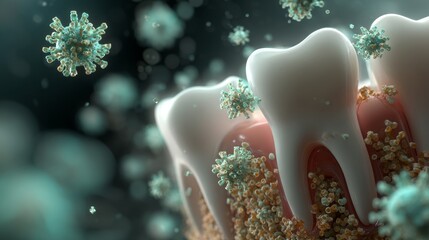 Animated 3D concept of bacteria and plaque attacking tooth surface, medical education visual, dramatic health warning