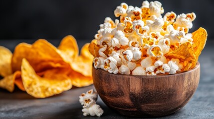 ultra processed food concept. A bowl of popcorn with tortilla chips on a dark background, creating a casual snack scene.