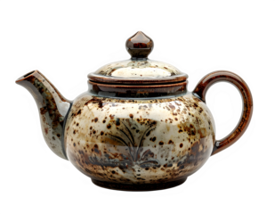 Rustic antique ceramic teapot with ornate glaze.