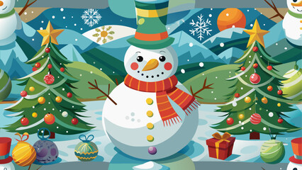 Joyful snowman in winter wonderland
