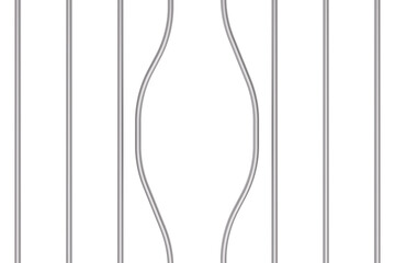 Metal prison bars bent, curved metal rods of jail cage, transparent background