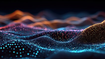 Abstract, colorful waves of digital particles on dark backdrop, blurred depth