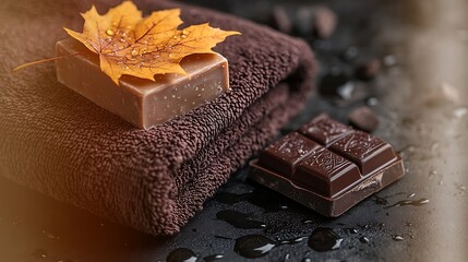 Cozy autumn spa setup with chocolate and towel