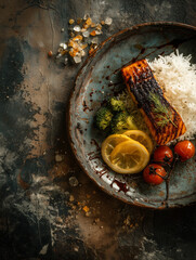 Grilled Fish Fillet with Rice and Vegetables