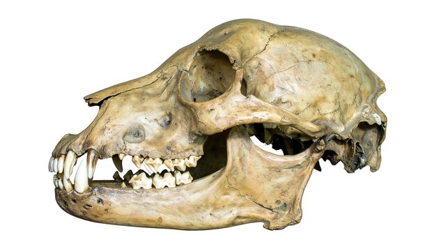 A lateral view showcases a detailed skull with visible teeth. Bony structure, cavities, and ridges highlight its complex anatomy, a stark white backdrop emphasizes the form