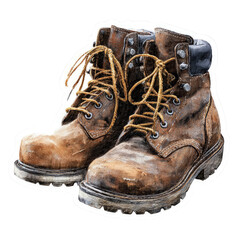 Pair of worn brown leather work boots with yellow laces, isolated on black.