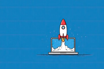 Rocket blasting off from a laptop screen, against a blue background