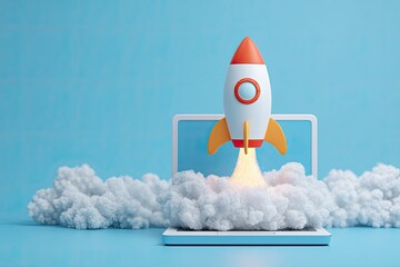 Rocket launching from laptop, clouds of steam on light blue background