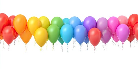 Row of glossy balloons in rainbow colors on a white background