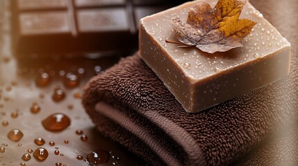 Moisturizing soap bar with leaf on brown towel and chocolate