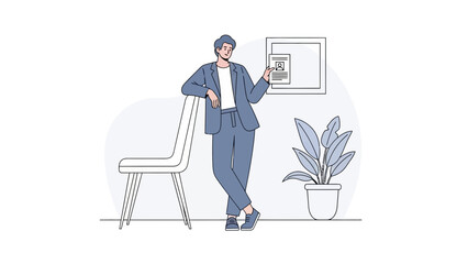 Professional young woman using a contactless payment method with a modern background and indoor